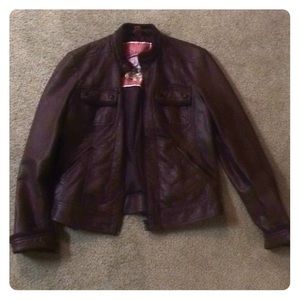 Maroon polyester leather biker jacket